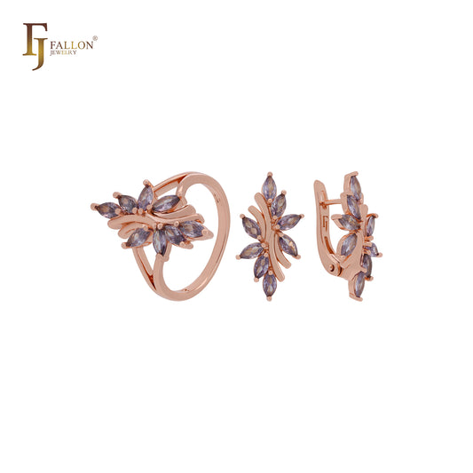 Conjunto de joias de ouro rosa com zircônias cúbicas marquise roxas e anéis