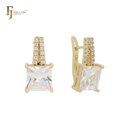 Princess cut white CZs solitaire 14K Gold, Rose Gold Russian Lock Earrings