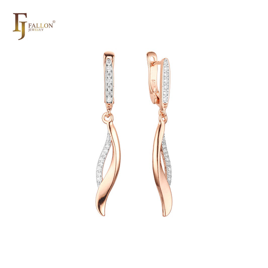 Drop Elegant white CZs taste of ribbon Rose Gold two tone Russian Lock Earrings