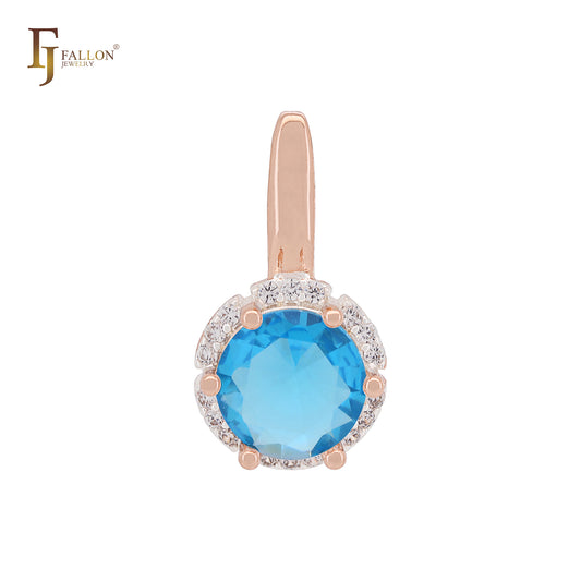 Pingente solitário Halo grande, redondo, colorido, CZ, ouro rosa, dois tons