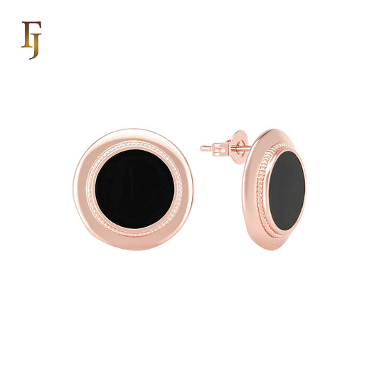 Framed beads rounded black onyx mirror Rose Gold Stud Earrings