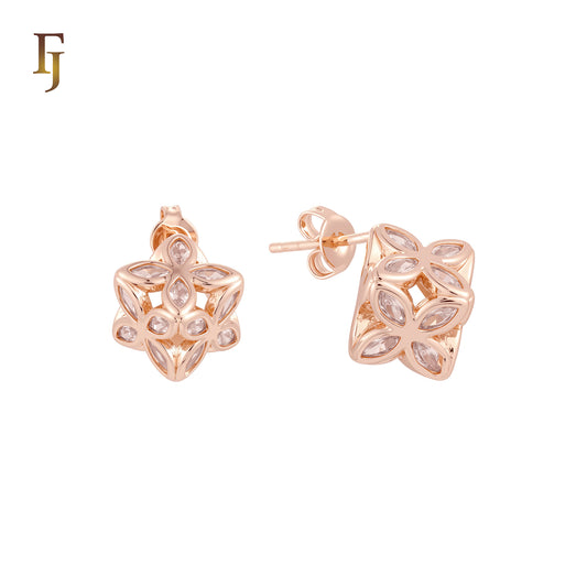 Luxurious Geometric of multi Marquise shaped white CZs flower cube 14K Gold, Rose Gold Stud Earrings