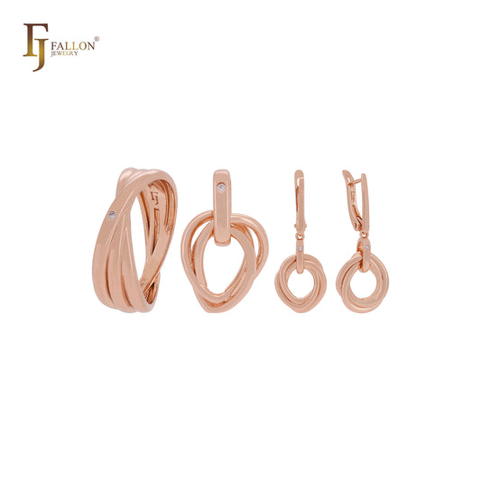 Conjunto de joyas de oro rosa con circonitas blancas entrelazadas de mil círculos, anillos y colgante.