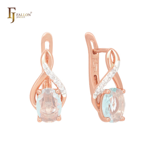 Solitaire Oval lake blue CZ with white Czs of ribbon Rose Gold two tone Russian Lock Earrings