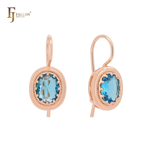 Solitaire 海蓝色 CZ 玫瑰金线钩耳环