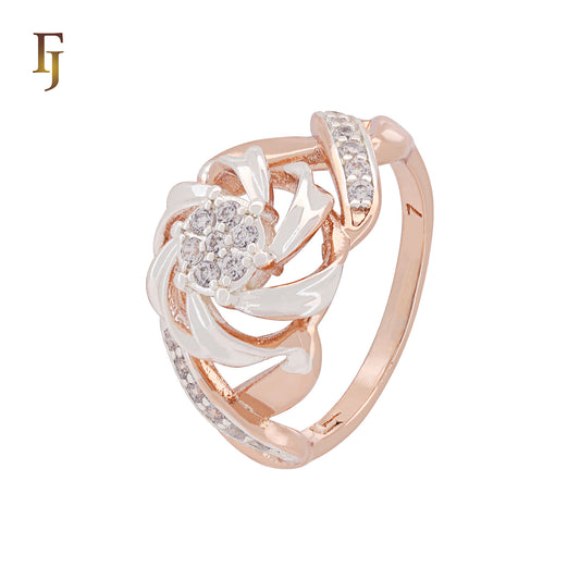 Spinning flower of white CZs Rose Gold two tone Fashion Rings