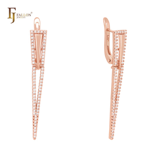 Long triangular paved white CZs Rose Gold Russian Lock Earrings