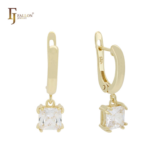 Solitaire asser cut cz drop 14K Gold, Rose Gold, White Gold Russian Lock Earrings