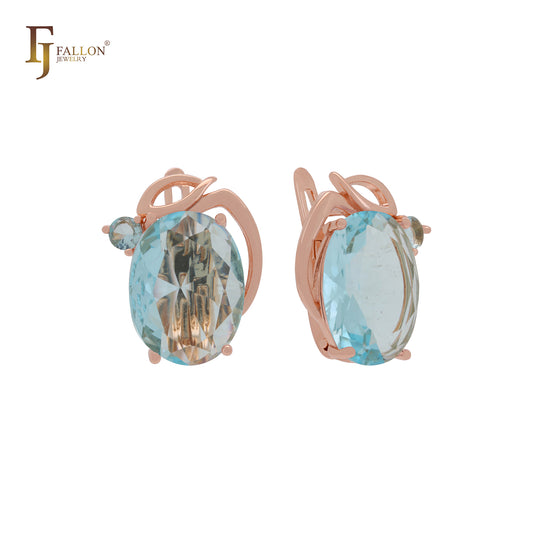Giant oval big Solitaire white, Orange or lake blue CZ Luxurious Rose Gold Russian Lock Earrings
