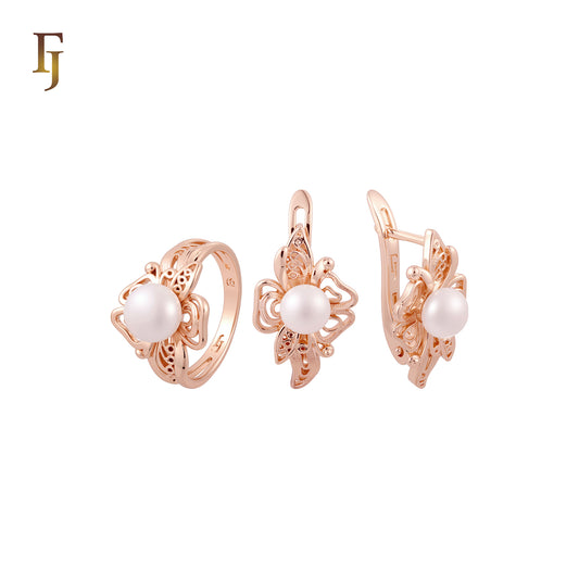 Dancing Flower of Filigreee white Pearl Rose Gold Jewelry Set with Rings