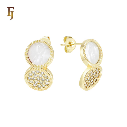 Rounded double disc of white or black onyx and white CZs cluster 14K Gold, Rose Gold Stud Earrings