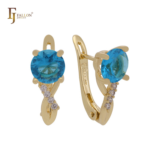 Solitaire round colorful CZ blooming Rose Gold, 14K Gold Russian Lock Earrings