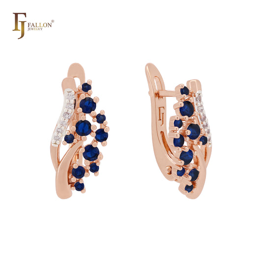 Cluster blue and white CZs Rose Gold two tone Russian Lock Earrings