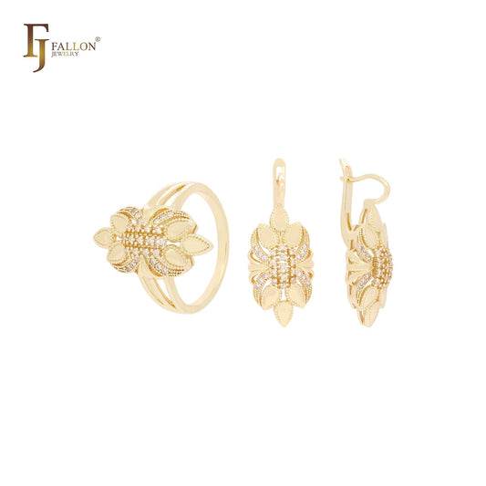 Комплект украшений из розового золота с шестью листьями белого цвета и кольцами из розового золота с цирконами