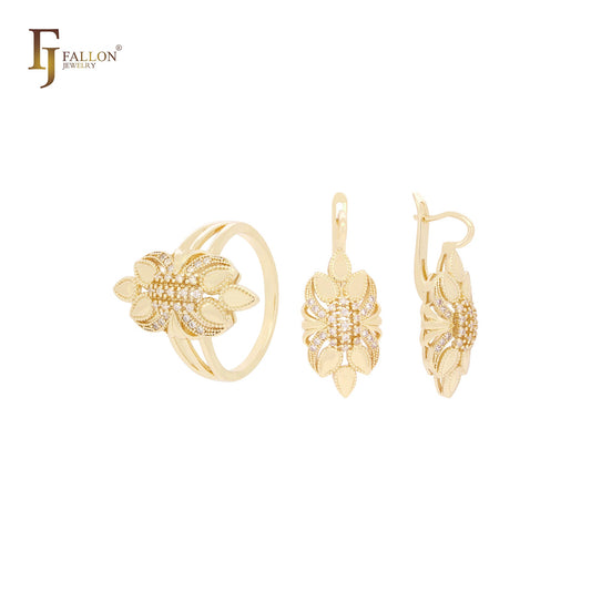 Conjunto de joyas con anillos de oro rosa con circonitas blancas en racimo de seis hojas