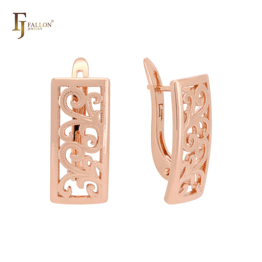 Rectangular wavy cloud filigree Rose Gold Russian Lock Earrings