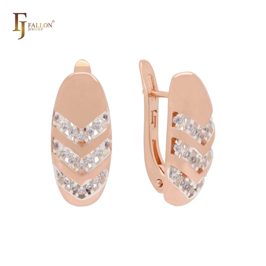 Chevron triple arrows of white CZs Rose Gold two tone Russian Lock Earrings