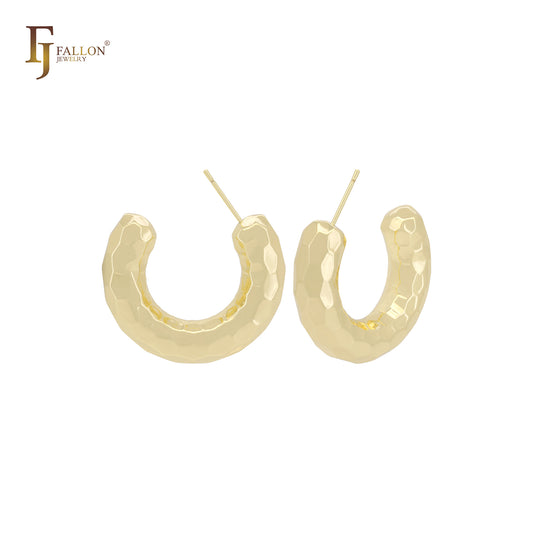 六角形纹理 C 形环 14K 金、玫瑰金、白金耳钉