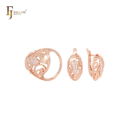 Conjunto de joias de ouro rosa com zircônias cúbicas brancas e anéis Marquise of Marquise