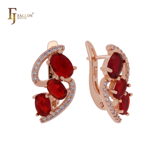 Triple Red CZs with white CZs cluster luxurious Rose Gold Russian Lock Earrings