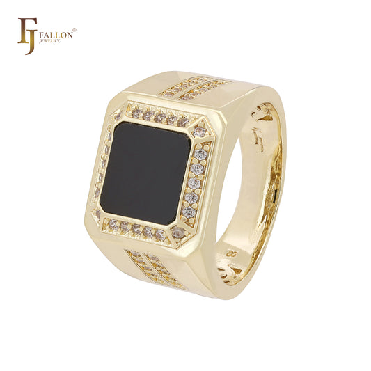 Anéis de ouro 14K com sinete pintados a óleo preto para homens