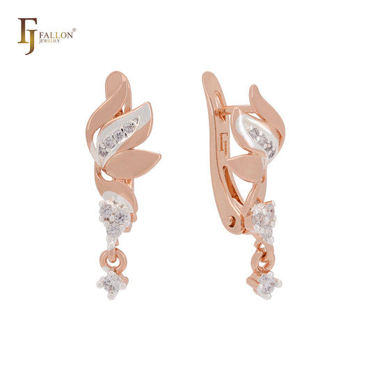 Elegant leaves drop of white CZ Rose Gold two tone Russian Lock Earrings