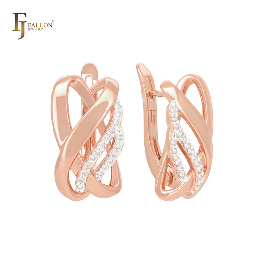 Multi rows interlocking white CZs ribbons Rose Gold two tone Russian Lock Earrings