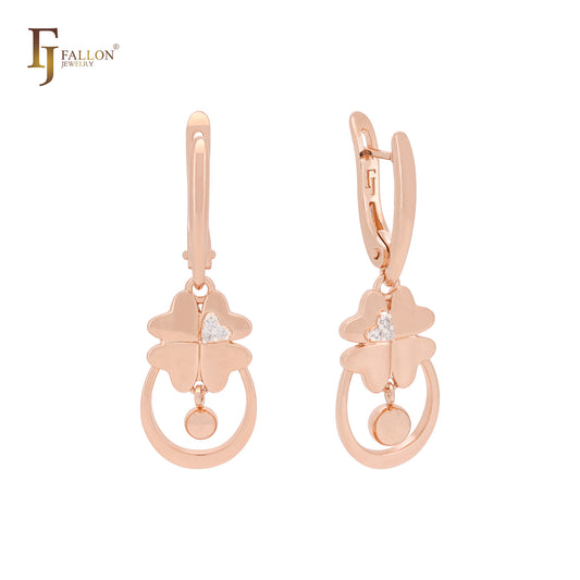Clover of heart mixed white CZs drop Rose Gold two tone Russian Lock Earrings