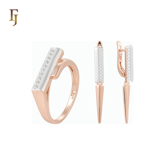 Half silver paved white CZs with drop arrow Rose Gold two tone Jewelry Set with Rings