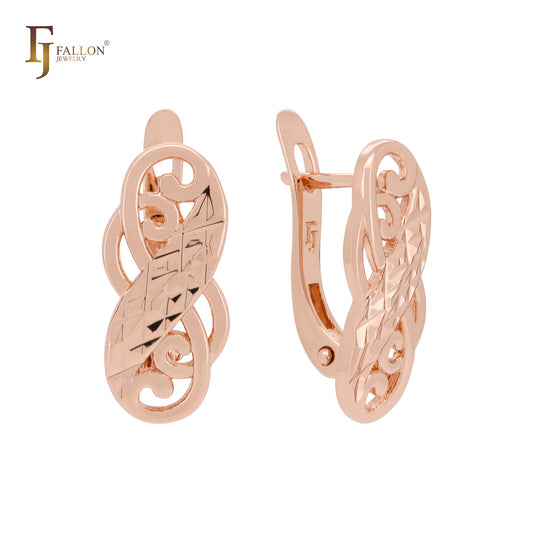 Wavy filigree interlocking Glossy Rose Gold Russian Lock Earrings