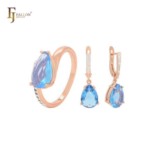 Solitario de circonita cúbica en forma de pera en azul océano profundo con circonitas blancas, conjunto de joyas de oro rosa de dos tonos con anillos