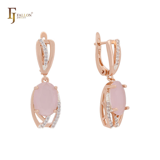 Solitaire Oval Pink CZ Rose Gold two tone Russian Lock Earrings by FJ Jewelry 12.3mm * 19mm