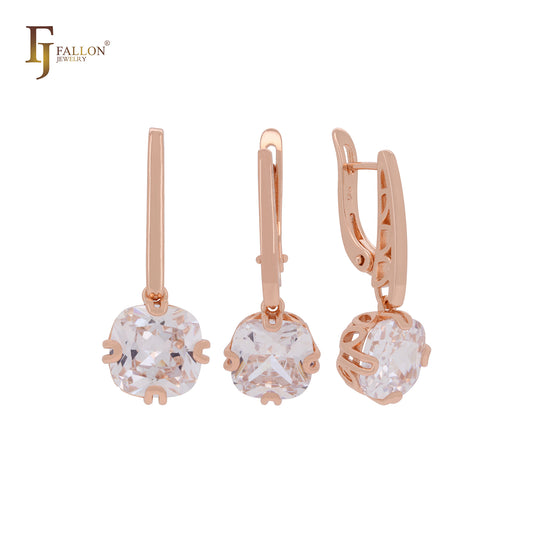 Conjunto de joyas de oro rosa con circonita blanca y clip solitario de cuatro garras con colgante
