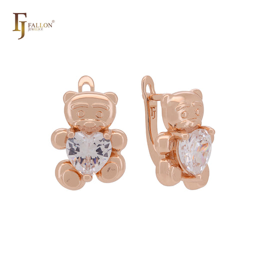 Brincos de ouro rosa para criança com contas de zircônia cúbica branca e coração solitário