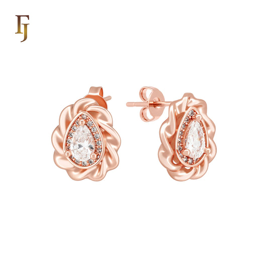 Pear shaped ribbon white CZs 14K Gold, Rose Gold Stud Earrings