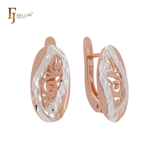 Oval cloudy waves of filigree Rose Gold two tone Russian Lock Earrings