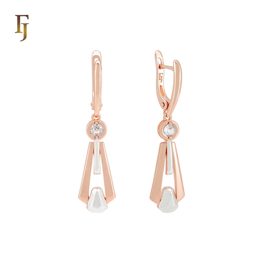 Necktie design solitaire white CZ Rose Gold two tone Russian Lock Earrings