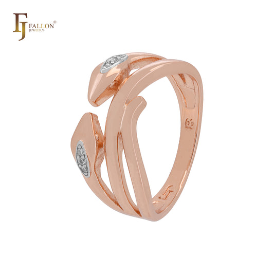 Double snake head white CZs Rose Gold two tone Fashion Rings