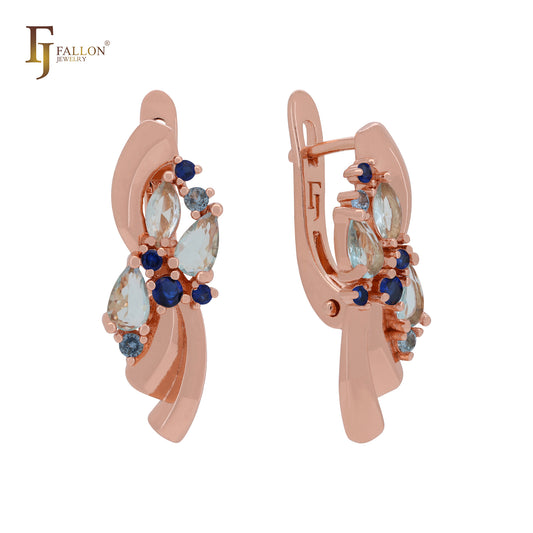 Ribbon flower of white CZs Cluster Rose Gold Russian Lock Earrings