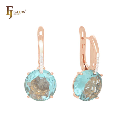 Giant rounded colorful solitaire CZ with white CZs Rose Gold two tone Russian Lock Earrings
