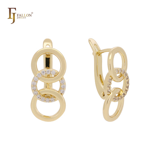 Triple interlocking circles minimalism 14K Gold, Rose Gold two tone Russian Lock Earrings