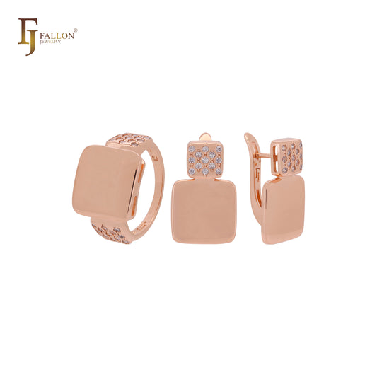 Conjunto de joyas geométricas de oro rosa con anillos y doble candado cuadrado de circonitas blancas
