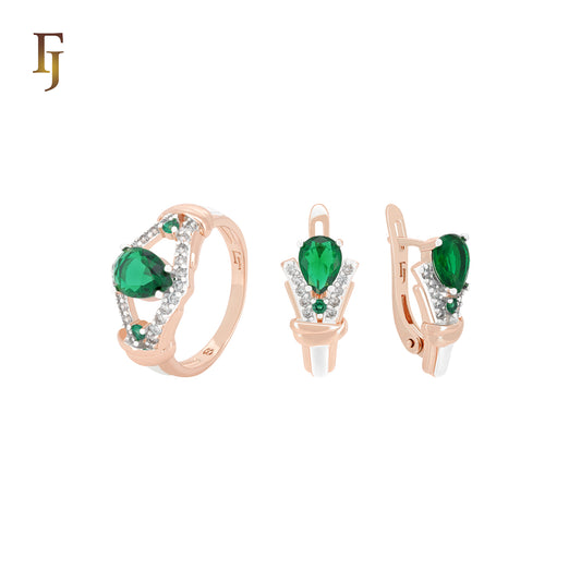Double Paved white CZs clawed Emerald Rose Gold two tone Jewelry Set with Rings