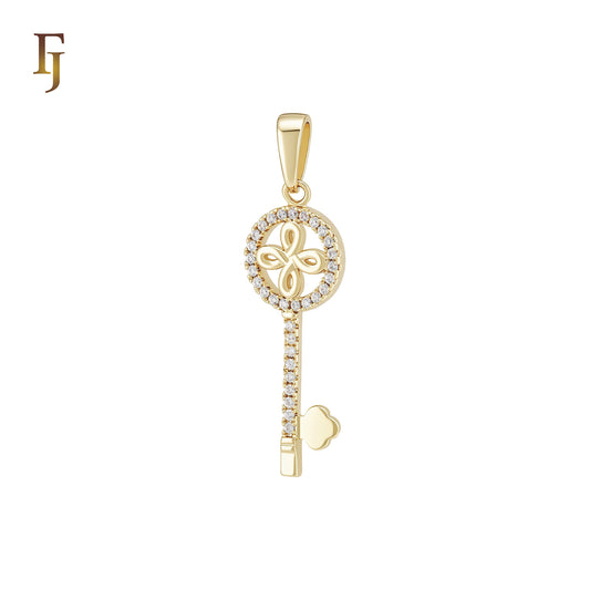 Halo Rounded white CZs 14K Gold Key Pendant