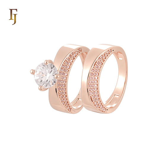 Geometric double white CZs paved 14K Gold, Rose Gold Wedding Set Rings Engagement and Band
