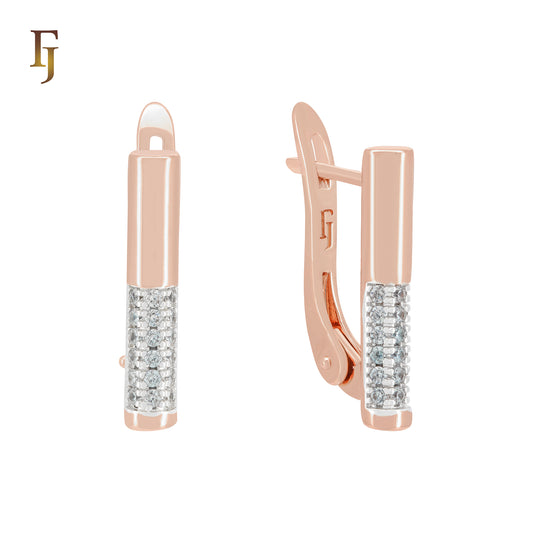 Bar of cluster white CZs Rose Gold two tone Russian Lock Earrings