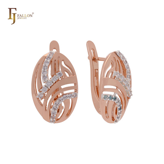 Oval wire filigree textured white CZs Rose Gold two tone Russian Lock Earrings