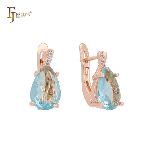 Great solitaire teardrop Lake Blue CZ Rose Gold Russian Lock Earrings