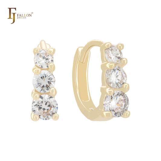 Triple Rounded White CZs 14K Gold Huggie Earrings