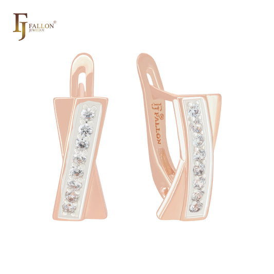 Slashes Crossing white CZs cluster Rose Gold two tone Russian Lock Earrings